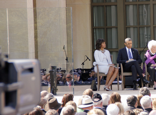 Clear panel, Michelle and Barack Obama and Barbara Bush