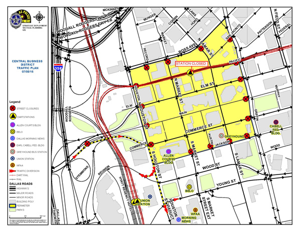 Downtown Dallas traffic plan for Friday, July 8, 2016*